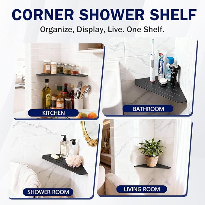 10" Corner Shower Shelf 2 Pcs Matte Black 304 Stainless Steel Diamond Heavy Duty Floating Corner Shelves Slot Design Recessed Bathroom Shower Shelf for 90° Tiled Wall, No Drilling Needed