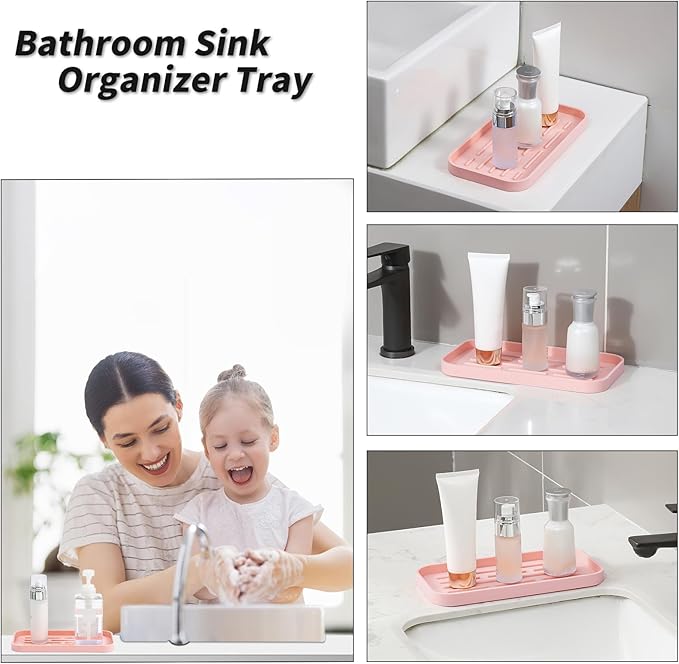 MicoYang Silicone Kitchen Sink Organizer Tray for Multiple Usage,Easy Clean,Eco-Friendly Sponges Holder for Kitchen Bathroom Counter or Sink,Dish Soap Dispenser,Scrubber,Bottle,Cup Pink 10”x 5.3”