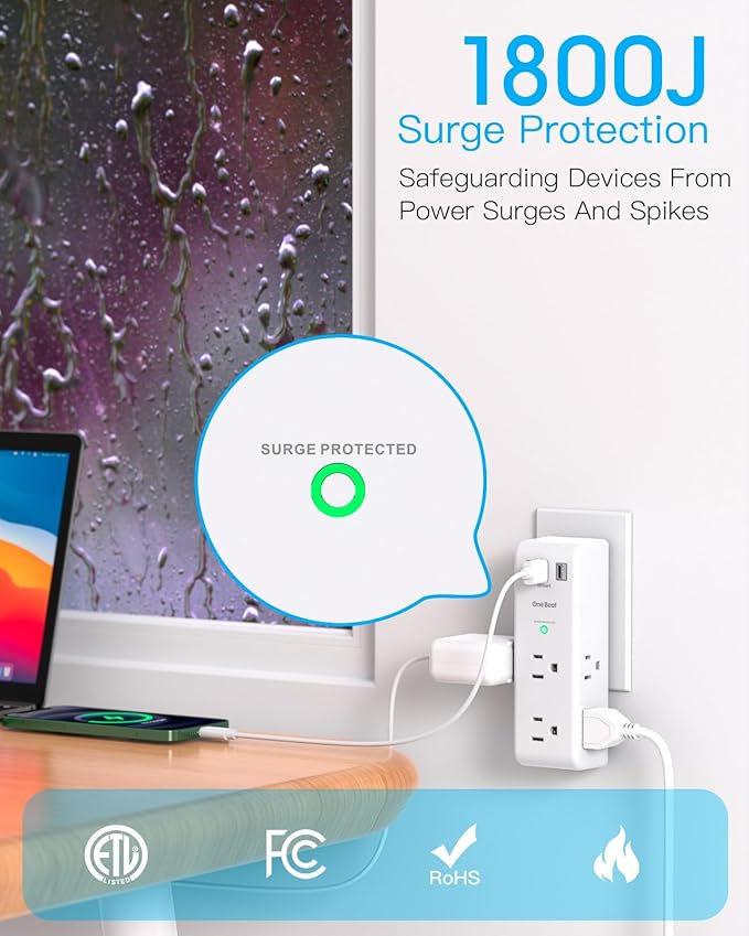Surge Protector Outlet Extender with Rotating Plug, PD 20W, One Beat 6 AC Multi Plug Outlet with 3 USB Ports (1 USB C), 1800 Joules, 3-Sided Swivel Power Strip with Spaced Outlet Splitter for Office