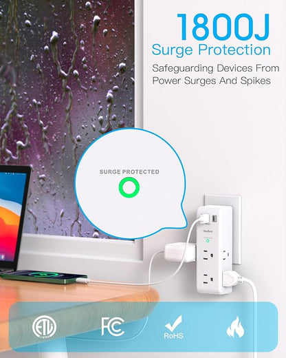 Surge Protector Outlet Extender with Rotating Plug, PD 20W, One Beat 6 AC Multi Plug Outlet with 3 USB Ports (1 USB C), 1800 Joules, 3-Sided Swivel Power Strip with Spaced Outlet Splitter for Office
