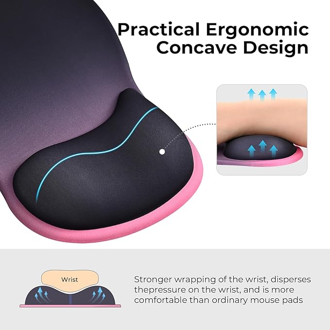 EooCoo Ergonomic Mouse Pad with Gel Wrist Rest Support Middle Concave Design, Relieve Wrist Pain Mousepad, Non-Slip Base for Laptop, Office Desk Accessories, Carpal Tunnel Syndrome Black Pink