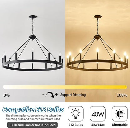 40 Inch Black Wagon Wheel Chandelier, 12-Lights Farmhouse Industrial Round High Ceiling Pendant Light Adjustable Chain for Outdoor Porch,Foyer,Dining Room, Living Room