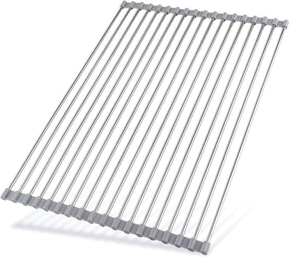 Hhyn Roll Up Dish Drying Rack 20.5"(L) x 13.8"(W) - Stainless Steel and Silicone Dish Drying Mat Over The Sink Foldable Drain Rack Multipurpose Dish Drainer Extra Large, Gray