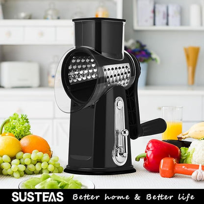 SUSTEAS Rotary Cheese Grater with Handle - Vegetable Shredder with 5 Well-designed Blades & Strong Suction Base,Round Mandoline Slicer & Food Chopper for Kitchen,with Blade Storage Box(Black)