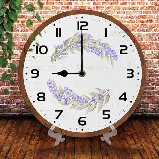 Purple Flowers Wall Clock 10 Inch Silent Non Ticking Battery Operated Wooden Modern Office Simple Minimalist Clock Decorative for Kitchen Home Bathroom Living Room