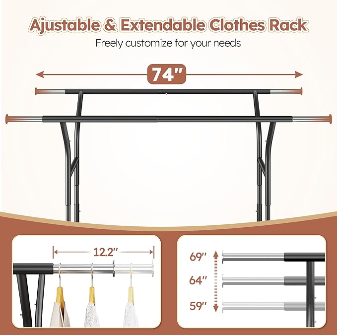 Raybee 74" W Heavy Duty Clothes Rack, Double Rods Clothing Rack Load 630 LBS, Rolling Clothes Racks for Hanging Clothes 400+, Garment Rack with shelves for Bedroom, Laundry Room, Retail Store