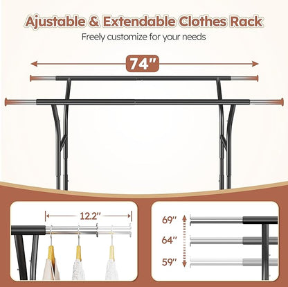 Raybee 74" W Heavy Duty Clothes Rack, Double Rods Clothing Rack Load 630 LBS, Rolling Clothes Racks for Hanging Clothes 400+, Garment Rack with shelves for Bedroom, Laundry Room, Retail Store