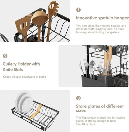 BOOSINY Dish Drying Rack, 2 Tier Large Stainless Steel Black Dish Rack with Drainboard Set for Kitchen Counter, Space Saving Plates Drainer Rack with Cups Holder & Utensil Holder, Dish Strainer Holder