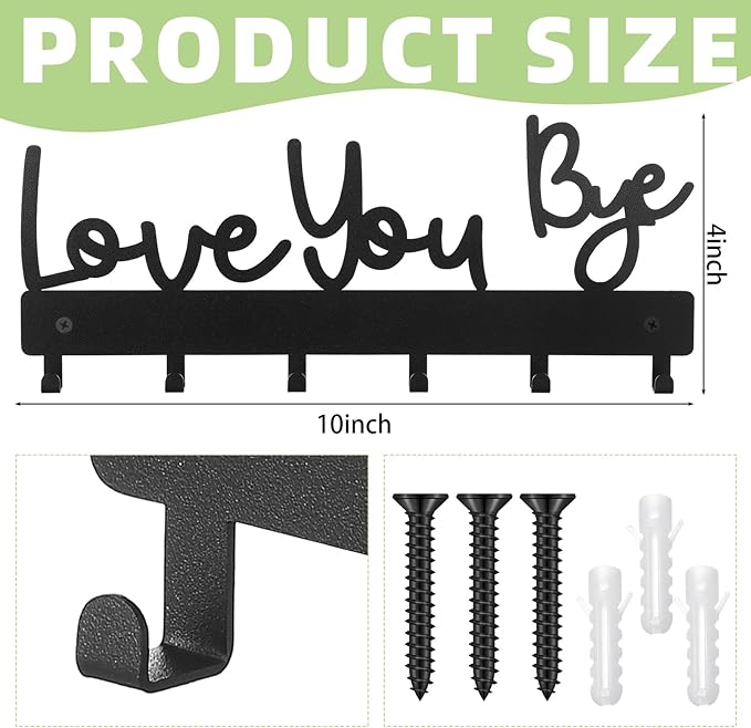 Valentines Key Holder Wall Mount Love You Bye Key Holder Hook Rack Organizer Hanger with 6 Hooks for Wall Express Love Art Sign Decor for Entryway Front Door(Hook Style,10 x 4)