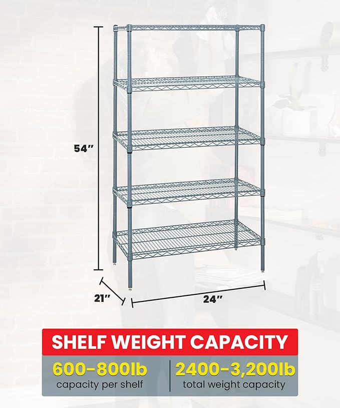 Quantum WR54-2124GY-5 Wire Shelving Starter Kit with (5) Shelves and (4) Posts for Commercial Warehouse Storage Distribution | 800 lb Load Capacity | 24"W x 21"D x 54"H, Gray Epoxy Coated Finish, NSF