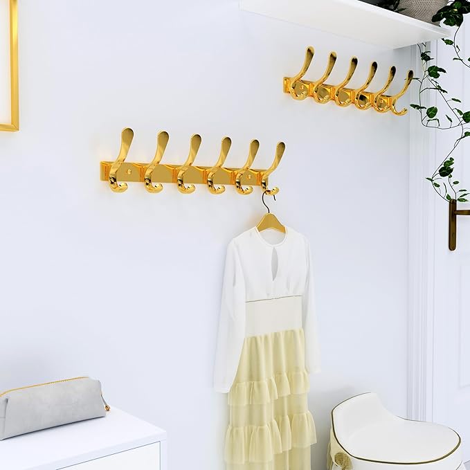 SKOLOO Heavy Duty Wall Mounted Coat Rack - 6 Hooks, Stainless Steel, Sturdy Coat Hooks for Hanging Coats, Jacket, Clothes, Hat, Bright Gold