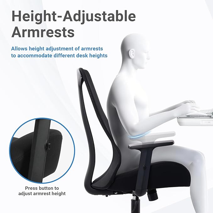 HYLONE Ergonomic Office Chair, Tall Back Chair 5" Thickened Seat Desk Chair with Adjustable Armrests, Home Office Computer Chairs for Long Hours Mesh Executive Chair(Black)
