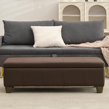 51 Inch Storage Ottoman, Storage Bench with Safety Hinge, Upholstered Synthetic Leather Ottoman Bench for Bedroom, Living Room, Entryway, Hallway, Foot Rest, Support 500lbs, Brown