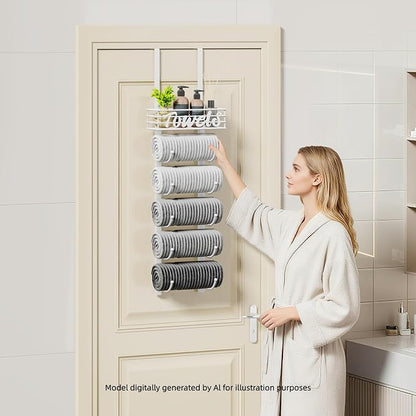 SWTYMIKI Hanging Towel Racks for Bathroom - 6 Tier Over The Door & Wall Mounted Bath Rolled Towel Storage Organizer Holder for Small Bathroom, RV, Camper, White (Patented)
