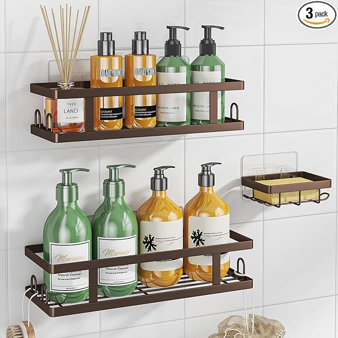 Adhesive Shower Caddy,Shower Shelves with Soap Holder and 12 Hooks,Rustproof No Drilling Bathroom Organizer and Storage,Bronze,3 Pack