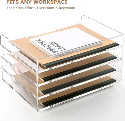 SANRUI Clear Acrylic Paper Tray, 4 Tier Stackable Letter Tray Desk Organizer with Curved Design, Oversized Document File Holder for Home Office Classroom Desktop Storage