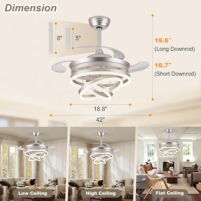 42" Modern Retractable Ceiling Fan with Lights, Fandelier Ceiling Fan with LED Light and Remote&App Control, 6 Speed Reversible 3CCT Chandelier Fan for Bedroom Living Room Dining Room Silver