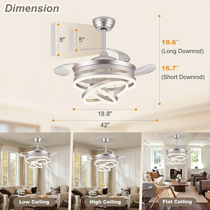 42" Modern Retractable Ceiling Fan with Lights, Fandelier Ceiling Fan with LED Light and Remote&App Control, 6 Speed Reversible 3CCT Chandelier Fan for Bedroom Living Room Dining Room Silver