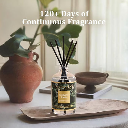 Cocorrína Reed Diffuser Refill Eucalyptus & Moss 10.14oz (300ml) with 8 Sticks - Premium Long-Lasting Floral Essential Oil, Home Fragrance for Bedroom, Bathroom Home Decor
