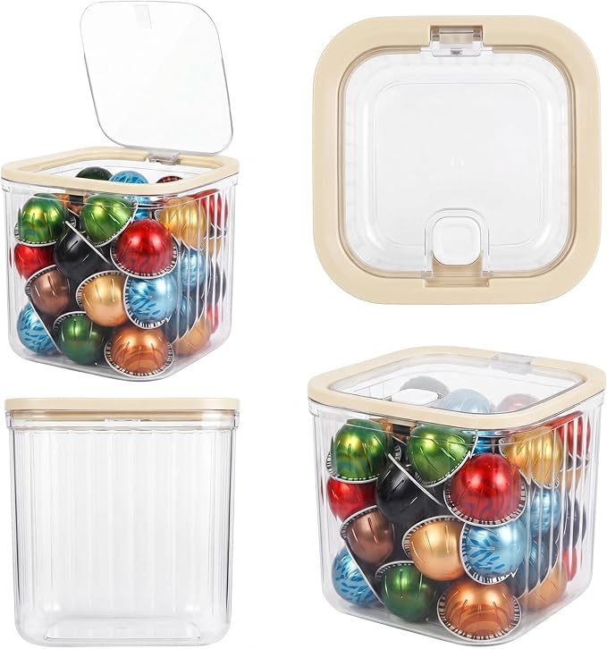 Clear Coffee Pod Holder with Lid, Coffee Pods Storage for Counter, Small Plastic Storage Bin for Nespresso & Keurig Pods, Kitchen Cabinet Organization and Pantry Food Storage Box for Countertop