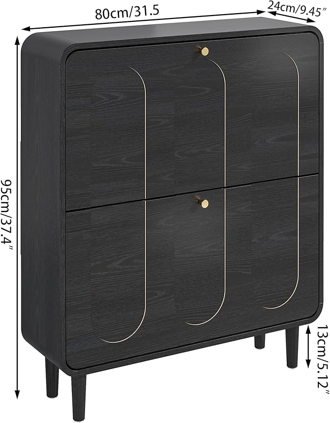 Narrow Shoe Storage Cabinet for Entryway with 2 Flip Drawers, Curved Shoe Cabinet with Arched Stripe Panel, Freestanding Hidden Shoe Organizer Closed for Foyer, Hallway (Black, 31.5 inches)