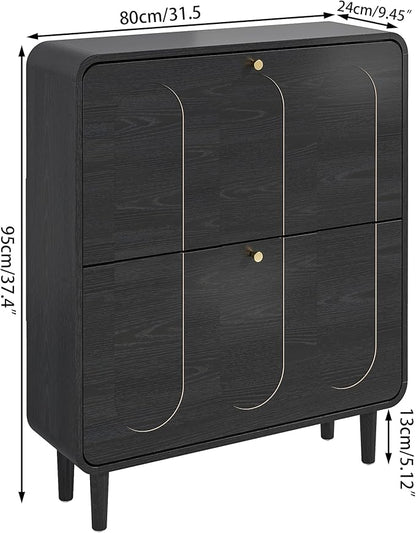 Narrow Shoe Storage Cabinet for Entryway with 2 Flip Drawers, Curved Shoe Cabinet with Arched Stripe Panel, Freestanding Hidden Shoe Organizer Closed for Foyer, Hallway (Black, 31.5 inches)