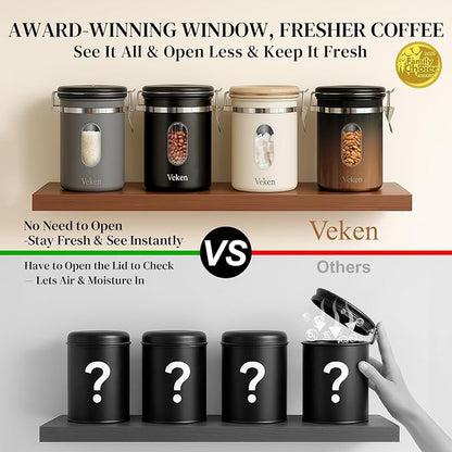 Veken Coffee Sugar Canister with Window, Gifts For Women,Airtight Stainless Steel Kitchen Food Storage Container Gift, Date Tracker & Scoop for Ground, Beans,Tea,Flour,Cereal, 22OZ, Cream