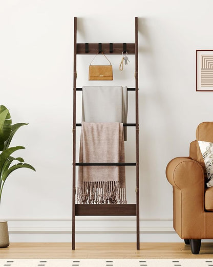 Hzuaneri Blanket Ladder for Living Room, Decorative Quilt Rack with 4 Removable Hooks, 5-Tier Farmhouse Ladder Holder Shelf Organizer for Bedroom, Black Tea Brown and Black BR02120B