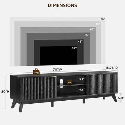 OKD 70" Mid Century Modern Fluted TV Stand, Entertainment Center, Sideboard, Media Console for Living Room with 2 Soft Close Door/Adjustable Shelves (Black Oak)