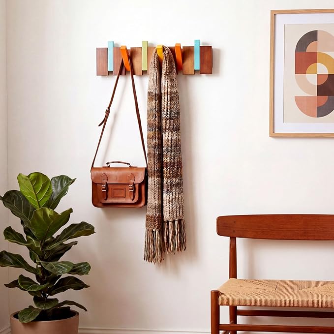 Youyole Mid Century Modern Wooden Coat Hooks Wall Mounted Folding Coat Rack Hanger with 6 Hooks Heavy Duty Flip Down Piano Hat Rack for Hanging Coats Hats Home, 6 Hook