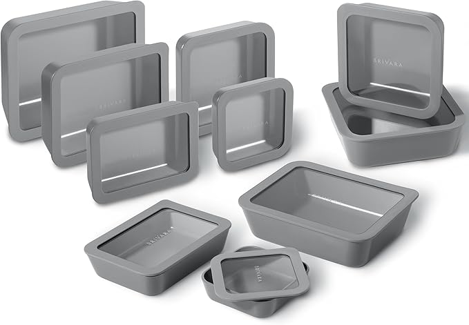 BRIVARA HOME Ceramic Coated Glass Food Storage Containers | No PTFE, PFOA, PFAS, and BPA | Reusable Non Toxic Meal Prep Containers with Glass Lids | Easy To Store | 10 Piece Set [Smoke]