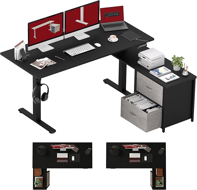 SANODESK 63'' L Shaped Standing Desk with 2-Drawer File Cabinet, Electric Height Adjustable Stand up Desk w/USB Charge Ports, Home Office Modern Wood Computer Desk with Shelves,Black Frame/Black Top