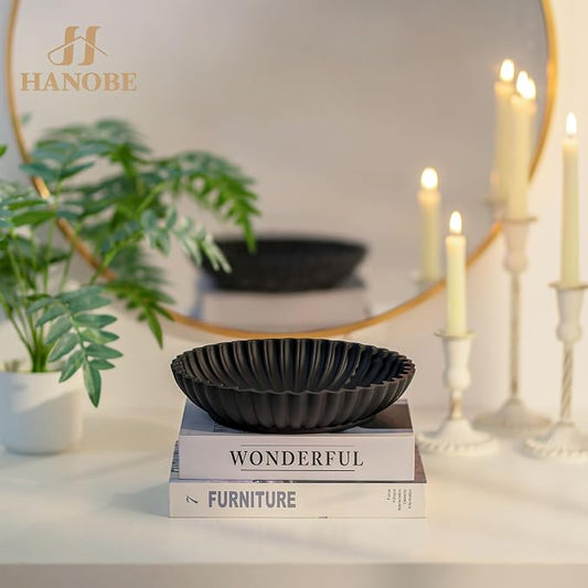 Hanobe Black Decorative Bowl Decor: Modern Ruffle Key Tray for Home Living Entryway Coffee Tables Centerpiece - Fruit Bowls for Dinning Kitchen Counter