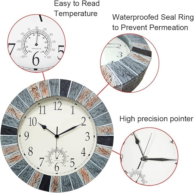 UMEXUS Outdoor Clock with Thermometer, 13 Inch Retro Large Waterproof Wall Clocks Indoor Silent Non-Ticking Battery Operated Weatherproof Decor for Garden Kitchen Bathroom Mother Gift