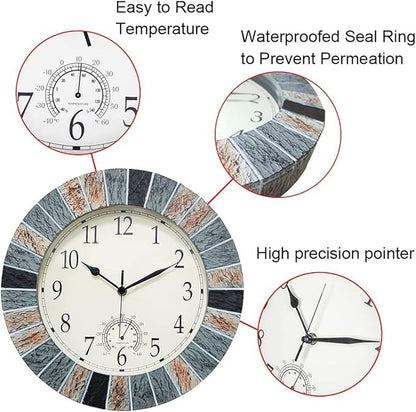 UMEXUS Outdoor Clock with Thermometer, 13 Inch Retro Large Waterproof Wall Clocks Indoor Silent Non-Ticking Battery Operated Weatherproof Decor for Garden Kitchen Bathroom Mother Gift