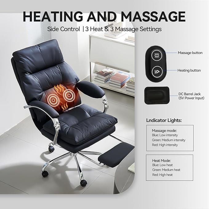 LEAGOO Heated Massage Office Chair with Foot Rest, Reclining Ergonomic Executive Office Chair with Massager for Lower Back, High Back PU Leather Comfy Heated Computer Desk Chair with Arms, Black