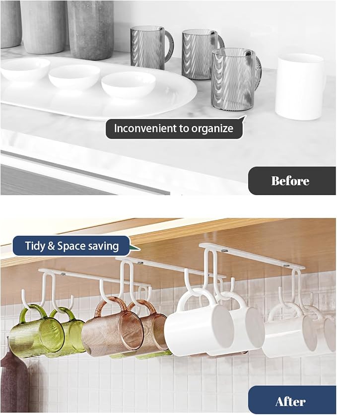 Luckinow Mug Hooks Under Cabinet 3 Pack, Coffee Cup Hooks for Hanging Under Shelf, Mug Organizer Rack with 12 Hooks for Displaying Mugs, Coffee Cups and Kitchen Utensils, White