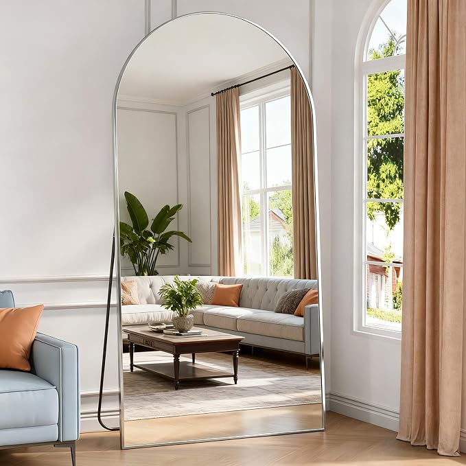 Arched Floor Mirror 198x96 cm Silver Arch Full Length Mirror with Stand Large Wall Full Body Standing Hanging or Leaning Against Wall for Bedroom Entry, Living Room