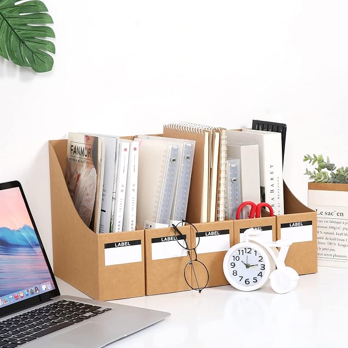 Foldable Desk File Holder Organizer Sturdy Cardboard Magazine Storage Box Document Rack with Blank Label Stickers for Home School Office (5, Brown)