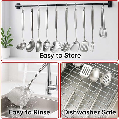 Newness 10 Pcs Cooking Utensils Set, 304 Stainless Steel Kitchen Utensils Set, Metal Kitchen Accessories, Include Soup Ladle, Slotted Skimmer Spoon, Spaghetti Spoon and Spatula, Tongs,Dishwasher Safe