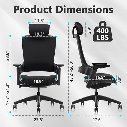 CLATINA Ergonomic High Swivel Executive Chair with Adjustable Height Head 3D Arm Rest Lumbar Support and Upholstered Back for Home Office Black