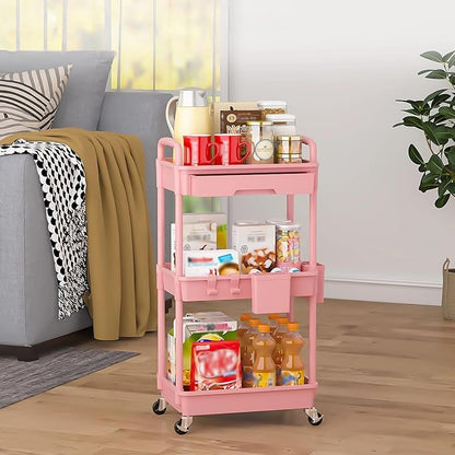LLMRR 3 Tier Rolling Utility Cart with Drawer, Plastic Storage Organizer Rolling Carts with Wheels Handles Hanging Cups Hooks for Office, Bathroom, Kitchen,Craft Art Room (Pink)