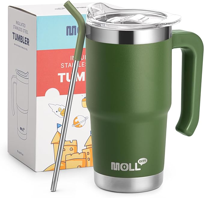 16 oz Tumbler with Handle Reusable Stainless Steel Vacuum Insulated Tumbler Cups with Lid and Straw Travel Coffee Mug for Women(Grass Green)