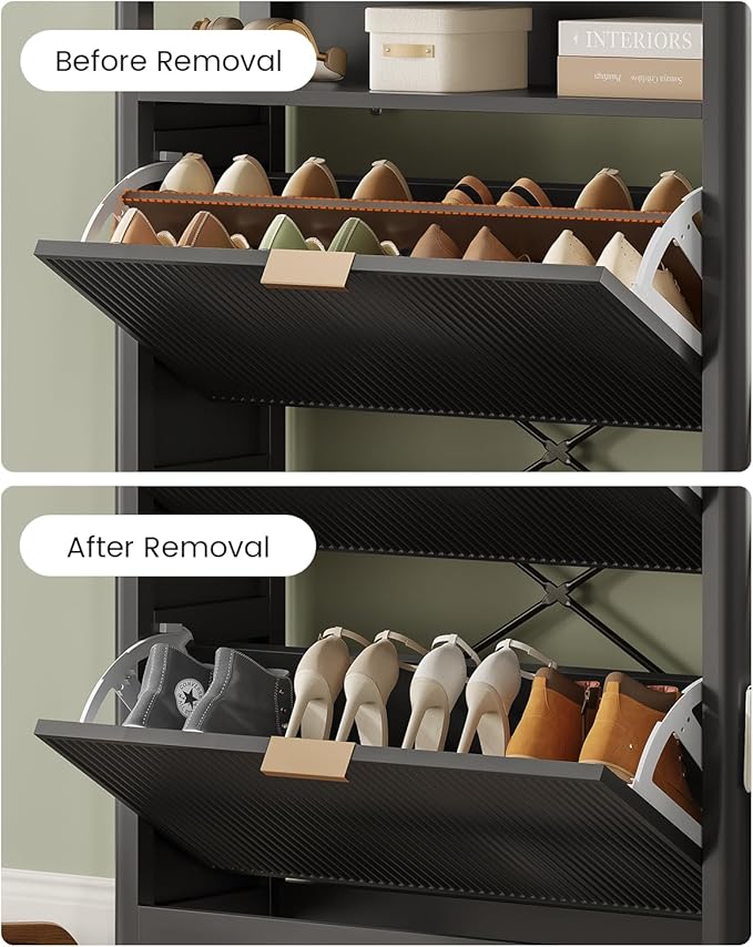 AOGLLATI Shoe Cabinet Storage,Narrow Fluted Shoe Rack Cabinet with 2 Flip Drawers, Wooden Freestanding Organizer with Open Storage Space for Entryway,Black