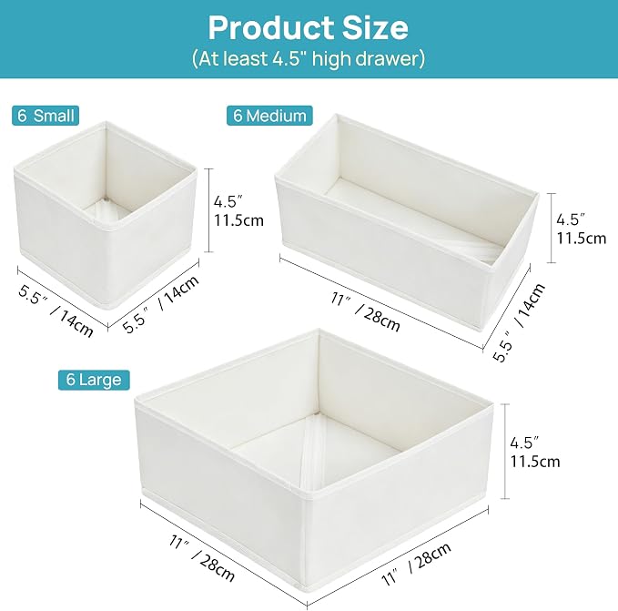 Vtopmart 18 Pack Baby Clothes Organizer, Dresser Drawer Organizer for Baby Clothing, Foldable Fabric Closet Drawer Storage Bins, Dresser Dividers for Bra, Socks, Ties, Scarf, White