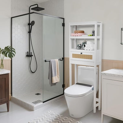 Over The Toilet Storage Cabinet, Behind Toilet Bathroom Organizer with Adjustable Shelves, Above Toilet Organizers with Rattan Door, Space Saver for Restroom, Bathroom, Laundry