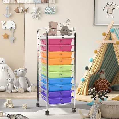 RELAX4LIFE 10 Drawer Rolling Cart, Slim Storage Cart w/Lockable Wheels for Classroom School Teacher Office, Art Supplies Paper Scrapbook Craft Organizers, Utility Cart with Drawers (Color)