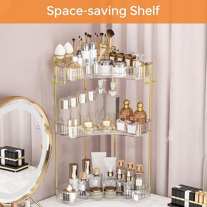 3-Tier Corner Bathroom Counter Organizer，Makeup & Skincare Shelf with Built-in Brush Holder，Space-Saving Bathroom Countertop Organizer for Skincare, Perfume, Cosmetics(Green)
