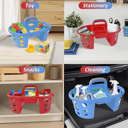 Large Shower Caddy Portable 2PC - Made in USA Plastic Jumbo Size Dorm Storage Candy Tote with Handle Shower Organizer for Bathroom, Pantry, Kitchen, College Dorm, Red/Periwinkle