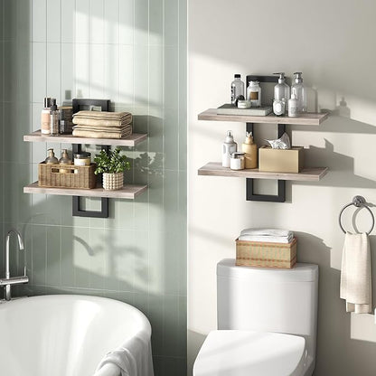 HOOBRO Floating Shelves, 15 Inch Wall Shelf Set of 2, Wall Mounted Storage Shelves 2-Tier, Hanging Bathroom Shelves, for Living Room, Bedroom, Bathroom, Kitchen, Greige BG32BJ01